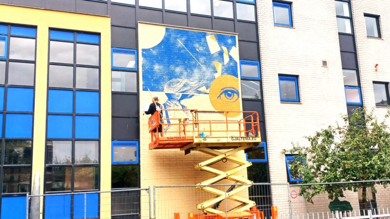 Kunstwerk Sidney Waerts op gevel scholengemeenschap Comenius Mariënburg in Leeuwarden